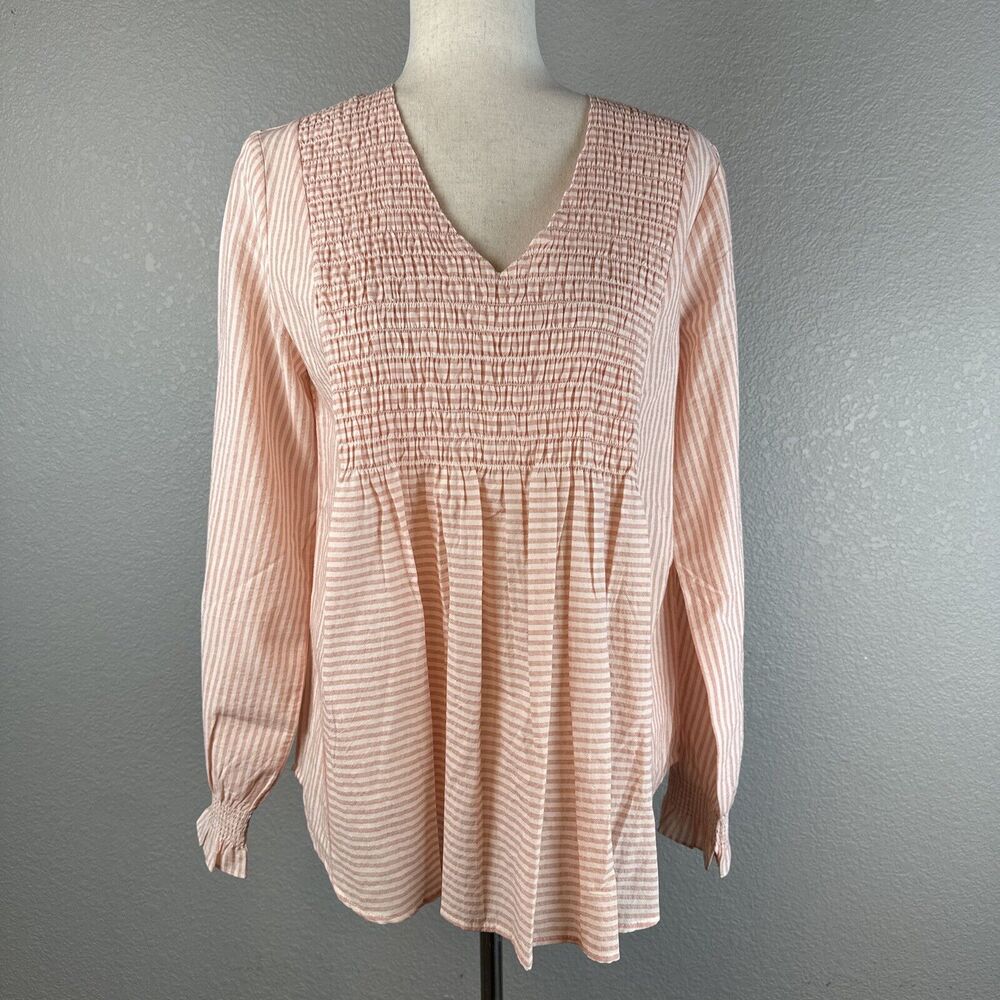 Sundance Womens Smocked V-Neck Julia Top Size S Pink Striped Cotton Long Sleeve